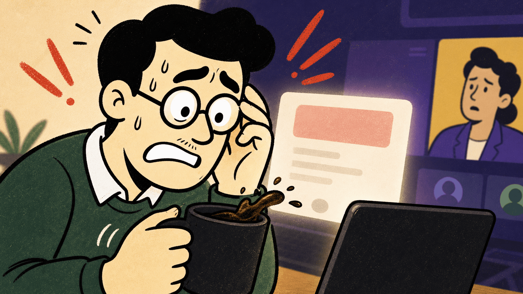 Crayon-style sales manager panicking on a live call