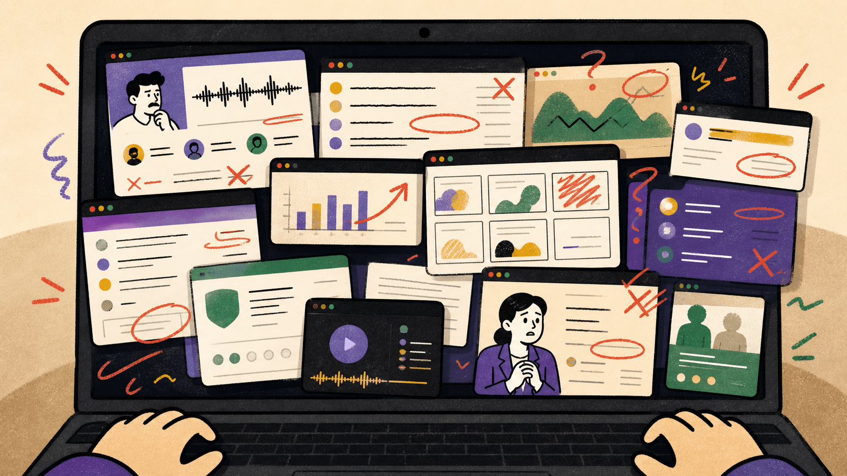 Crayon-style messy sales artifacts on laptop screens