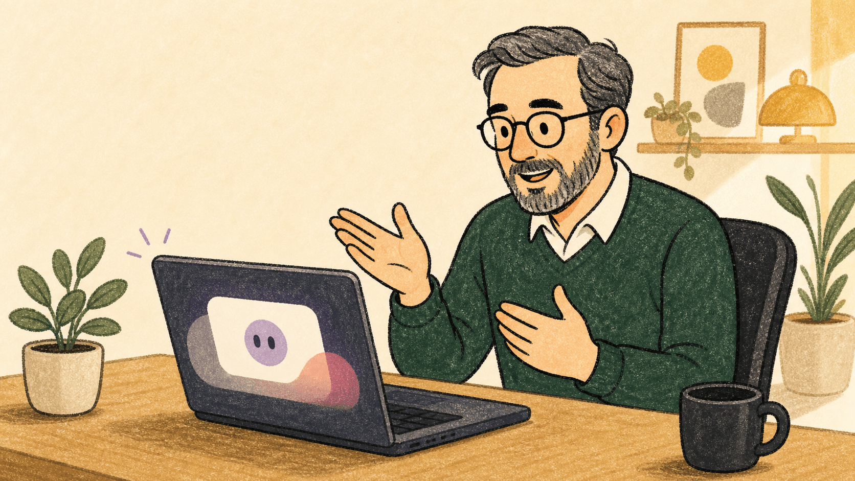 Crayon-style knowledge owner giving the correct information to an AI on a laptop
